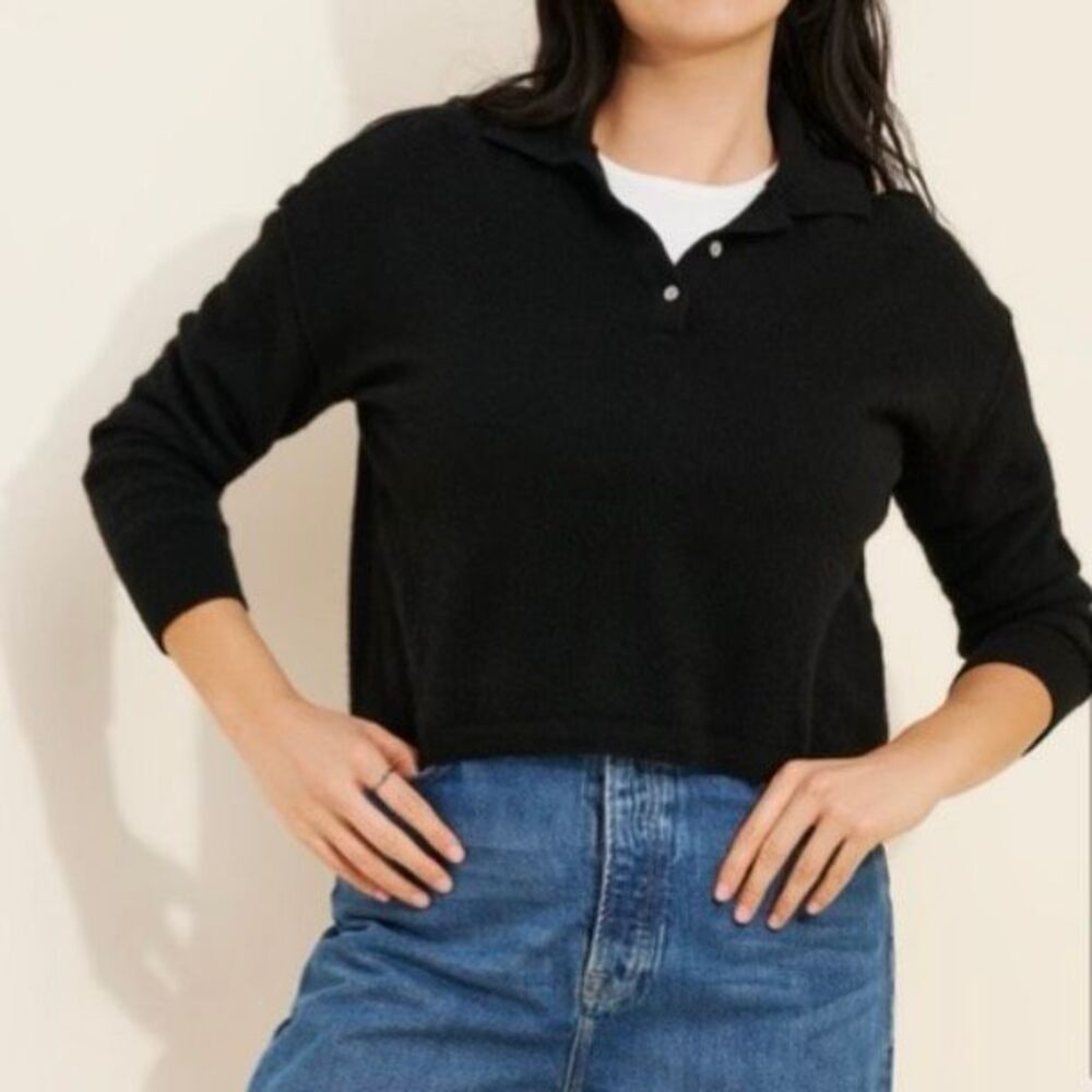 Anthropologie Pilcro Black Jensen Cropped Polo Cashmere Sweater M